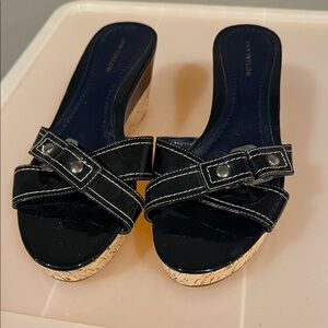 Ann Taylor Black/dark midnight navy  Patent Leather Mules with Tan Wedge